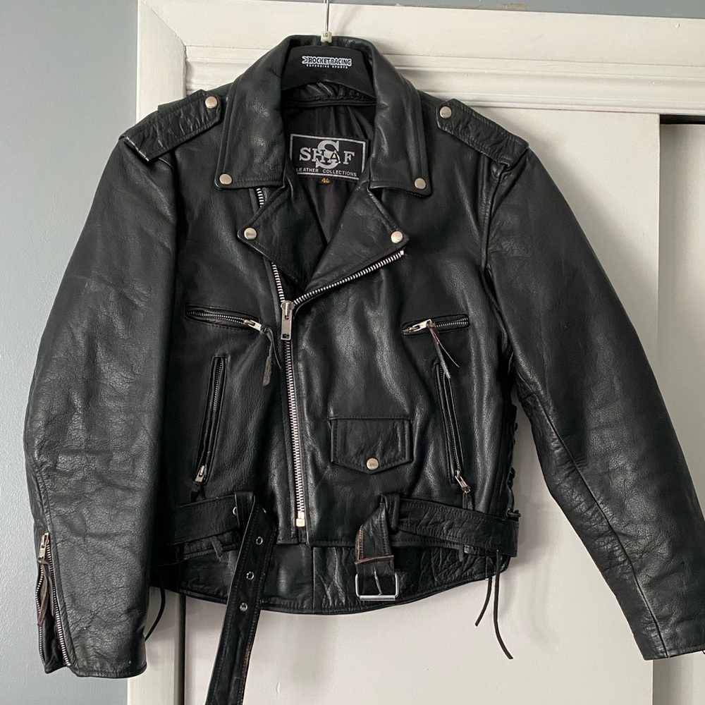 Shaf Leather Collection size 40 black leather motorcycle jacket.